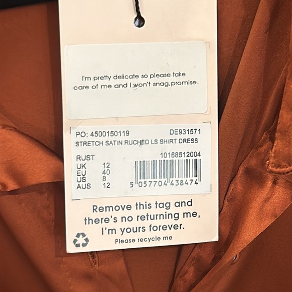 Misguided Stretched Satin Ruched Long Sleeve Dress Size 8 Burnt Orange NEW - Picture 5 of 14